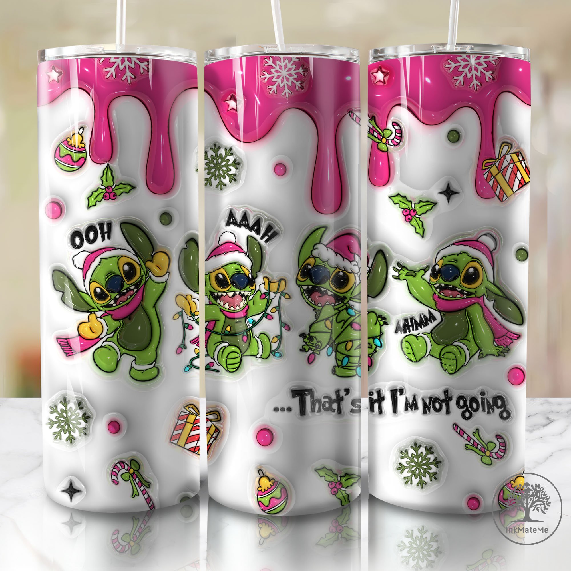 3D Inflated Christmas 20 Oz Skinny Tumbler Png, Santa Hat Png, Pink ...