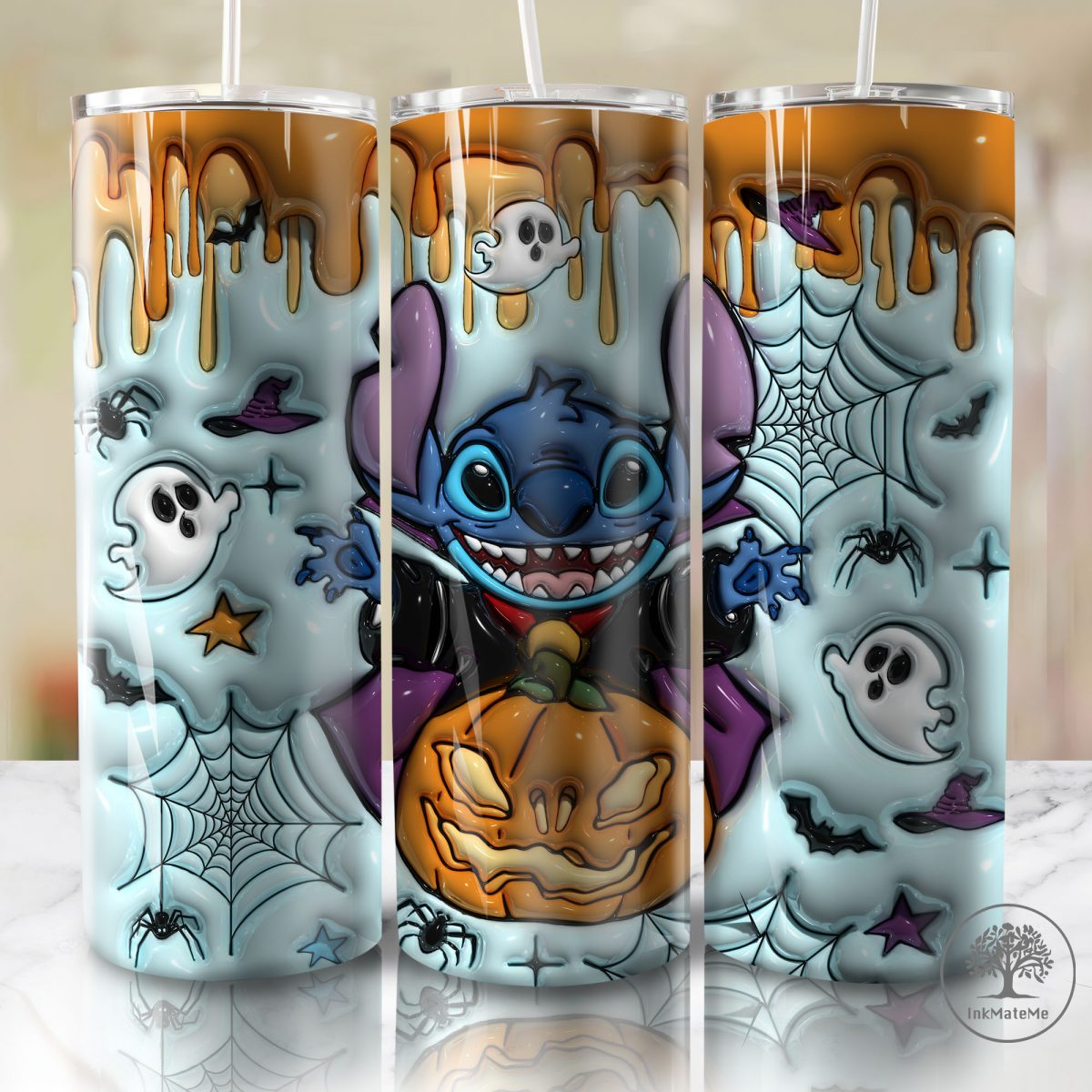 3D Inflated Halloween Spider Web 20oz Skinny Tumbler Wrap, Halloween Pumpkin 20oz Skinny Tumbler Png, Halloween Coffee 20oz Tumbler Png