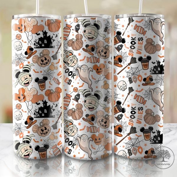 Halloween 20oz Skinny Tumbler Wrap Png, Spooky Season, Halloween Mouse Head, Halloween Pumpkin Png, Drink And Food,Spooky Vibes 20oz Tumbler