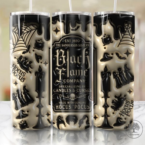 3D Inflated Black Flame Company 20oz Skinny Tumbler Wrap Png, Halloween Candles Curses 20oz Tumbler, Halloween Sisters, Halloween Witch Png