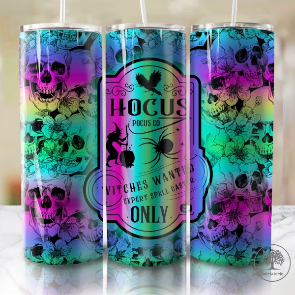 Witches Wanted Expert Spell Caster Only 20 Oz Skinny Tumbler, Halloween Skeleton 20oz Tumbler Wrap, Halloween Witch Png, Skull Png