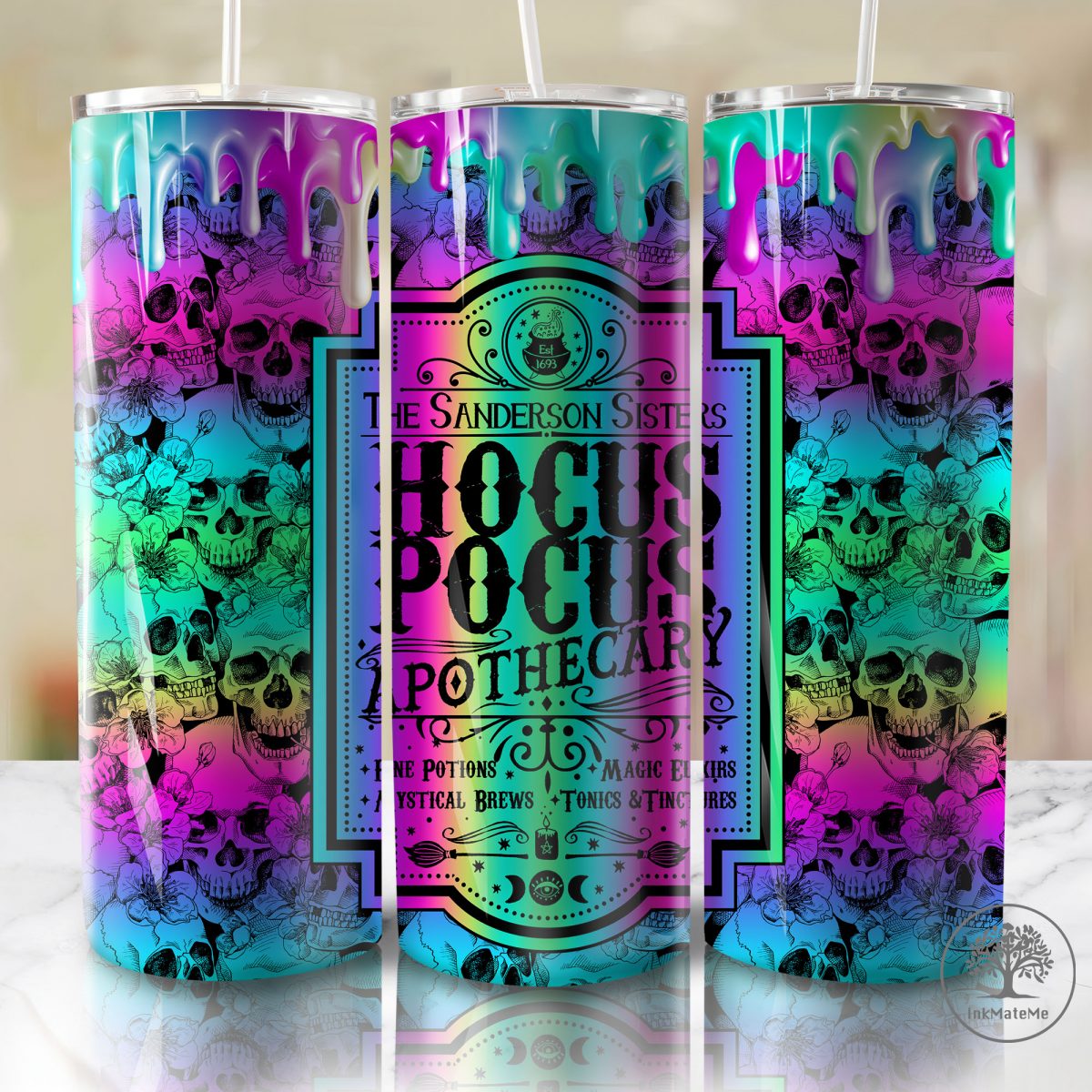 Witches Sisters 20 Oz Skinny Tumbler, Halloween Skeleton 20oz Tumbler Wrap, Trick Or Treat Png, Flower Halloween Witch, Halloween Skull Png