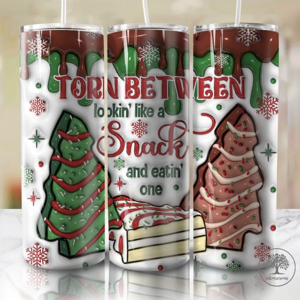 3D Inflated Merry Christmas 20oz Skinny Tumbler Png, Lookin Like A Snack, 3D Christmas Tree Cake Png, Tree Cake, Christmas Tumbler Wrap Png