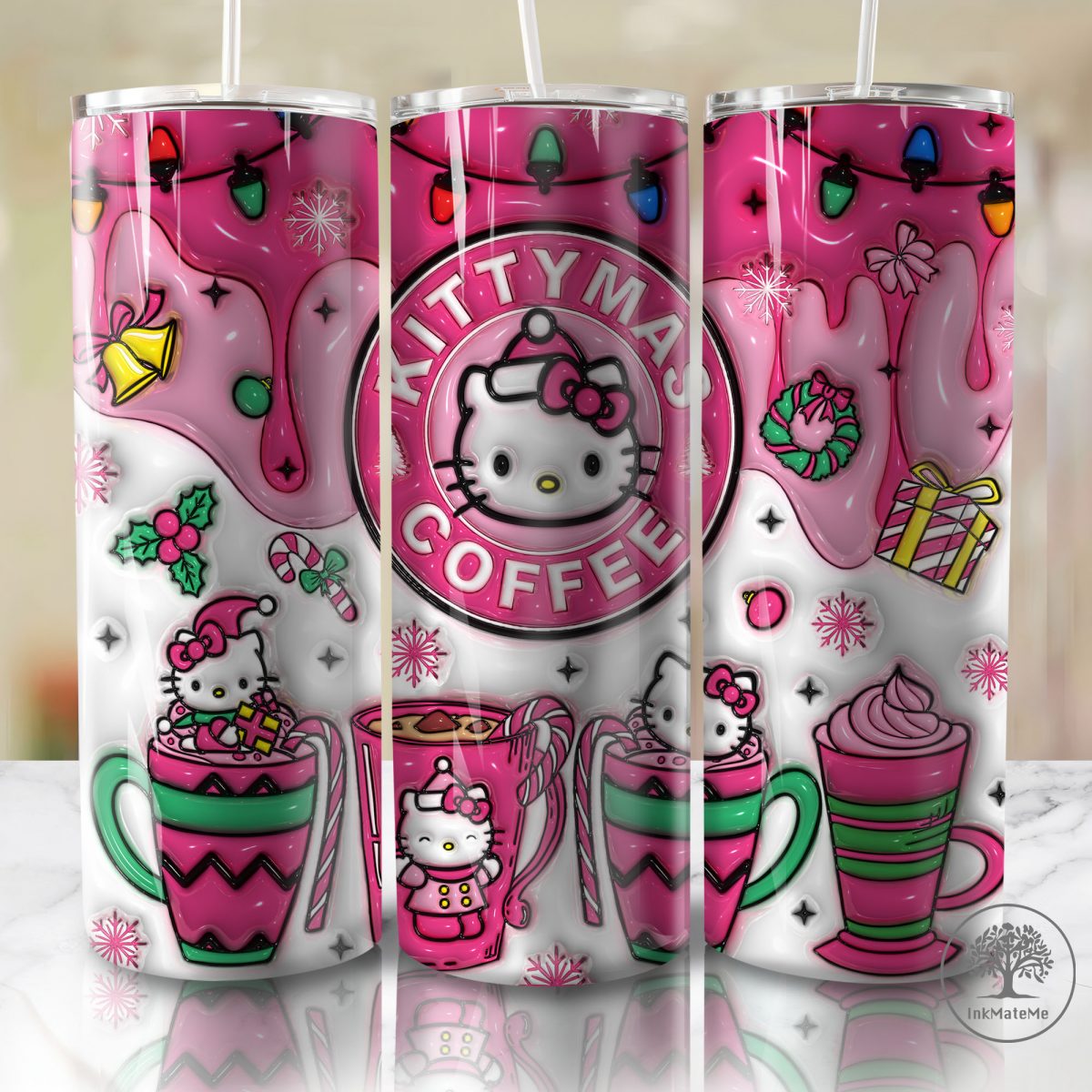 3D Inflated Christmas Coffee 20oz Skinny Tumbler Png, Cat Png, Christmas Movies Png, Cartoon 20oz Tumbler, Pink Christmas 3D Puff Tumbler