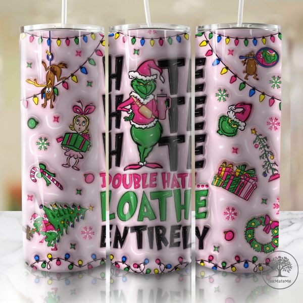 3D Inflated Christmas Tumbler Wrap, Pink Merry Christmas, Mean Green Guy Christmas 20 oz Skinny Tumbler, Christmas Lights Png, Xmas Holiday