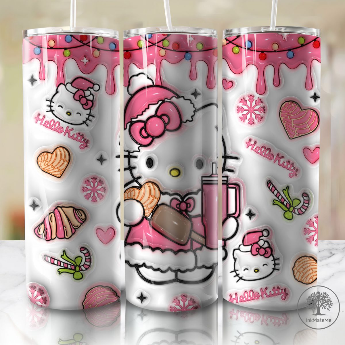 3D Inflated Cafecito Y Chisme 20oz Skinny Tumbler Png, Christmas Movies Png, Cat Png, Pink Christmas 3D Puff Tumbler, Xmas Conchas Mexicanas