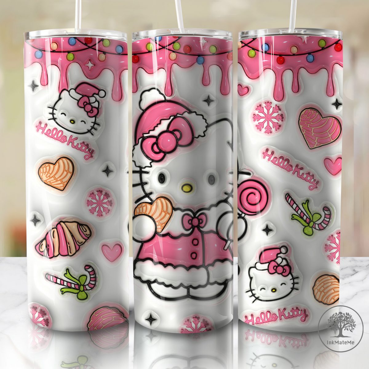 3D Inflated Cafecito Y Chisme 20oz Skinny Tumbler Png, Cat Png, Christmas Movies Png, Xmas Conchas Mexicanas, Pink Christmas 3D Puff Tumbler