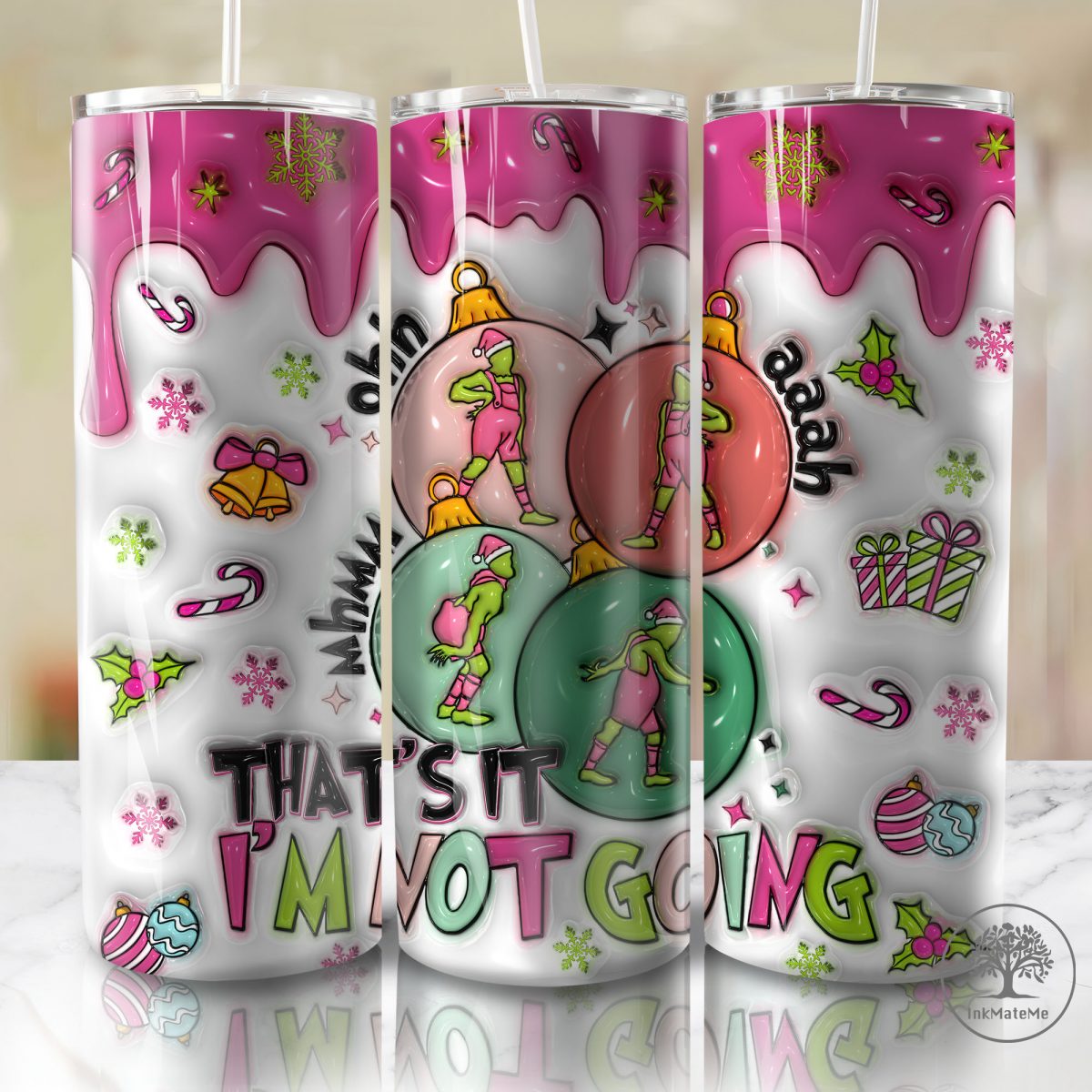 3D Inflated Pink Christmas 20 Oz Skinny Tumbler Png, Santa Hat Png, Pink Xmas Holiday, Christmas Cartoon 20oz Tumbler Wrap, Drip Christmas