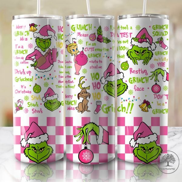 Pink Christmas Movies 20 Oz Skinny Tumbler Png, Xmas Holiday Png, Pink Christmas Tumbler, Checked Pattern 20oz Tumbler Wrap, Santa Hat Png