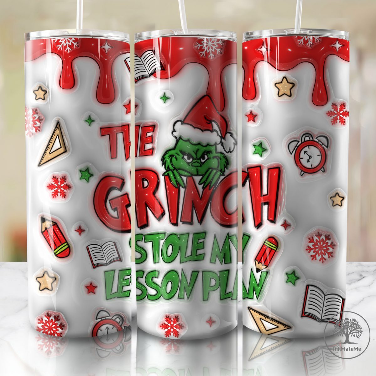 3D Inflated Christmas Movies 20oz Skinny Tumbler Png, 3D Puffy Pink Christmas Tumbler, Xmas Holiday, Santa Hat, Christmas 20oz Tumbler Wrap