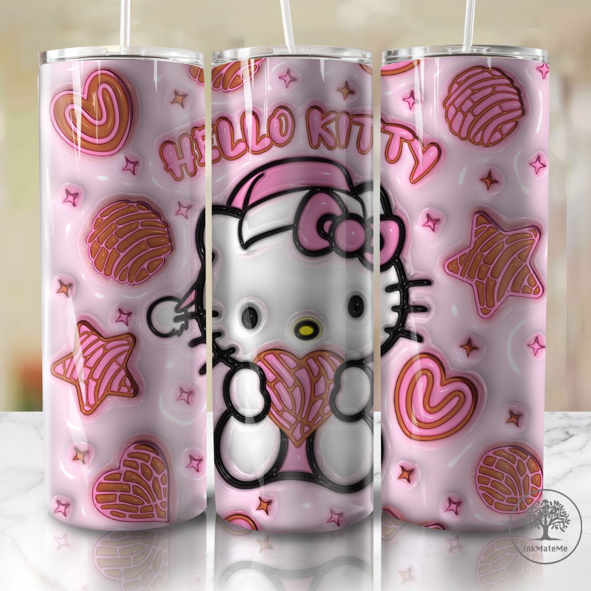 3D Inflated Pink Christmas Tumbler Wrap Png, Cat Png, Christmas Movies Png, Cartoon 20 oz Wrap Tumbler, Christmas Ginger Bread 3D