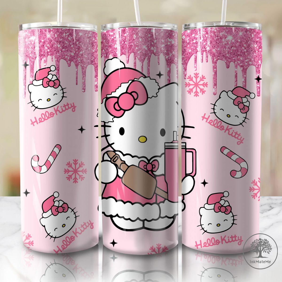 3D Inflated Pink Christmas Tumbler Wrap Png, Cat Png, Christmas Movies Png, Cartoon 20 oz Wrap Tumbler, Christmas Ginger Bread 3D