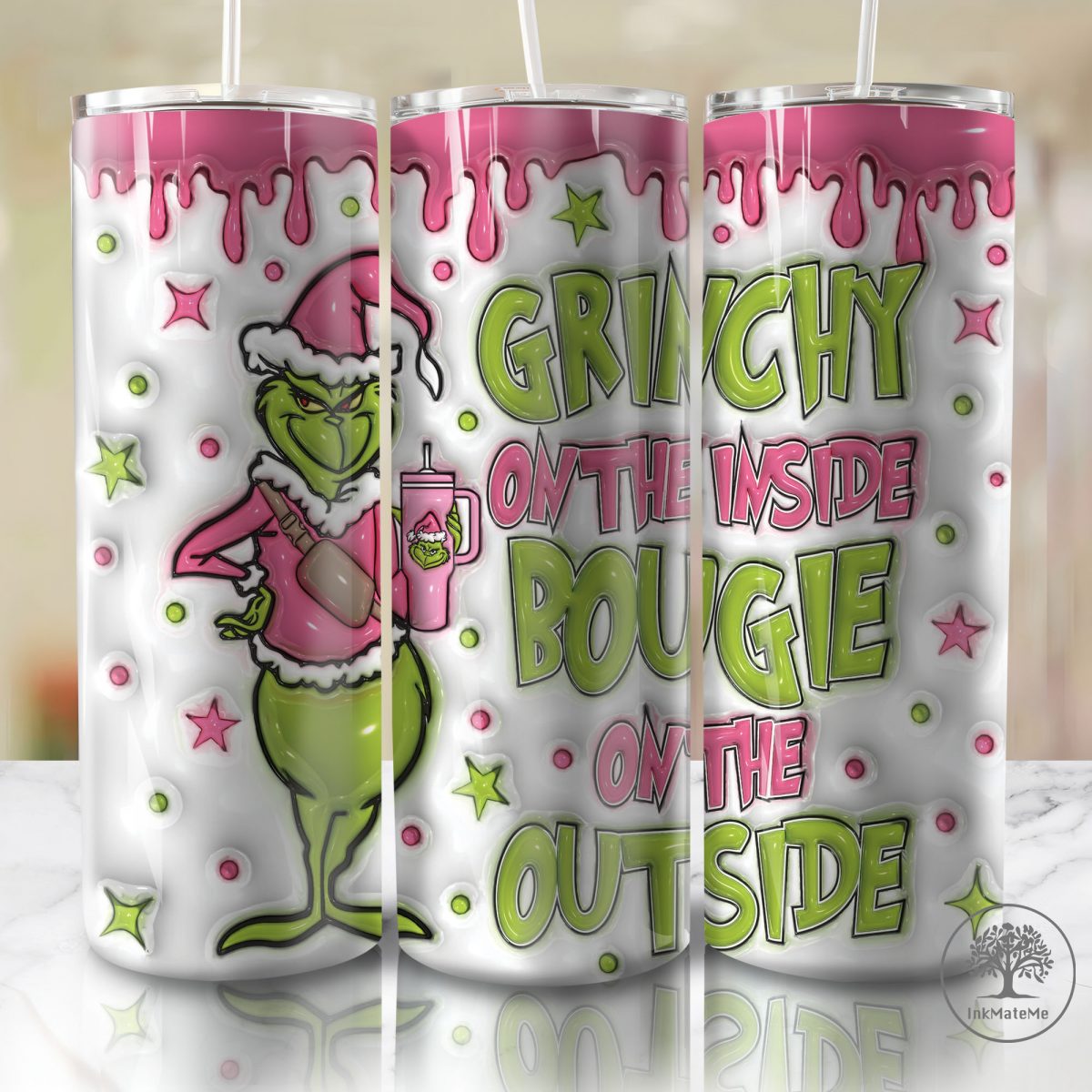 3D Inflated Pink Christmas Tumbler Wrap, Christmas Movie Tumbler Wrap, Xmas Holiday, Santa Hat, Mean Green Guy Christmas 20oz Skinny Tumbler