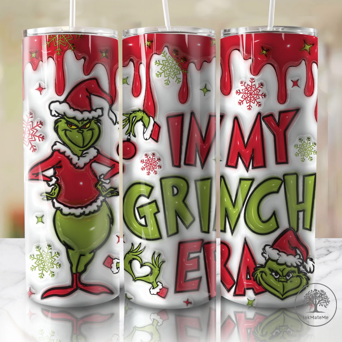 3D Inflated Christmas 20oz Skinny Tumbler Wrap Png, Xmas Holiday, Santa Hat, Christmas Vibes Tumbler Wrap Png, Christmas Cartoon 3D Inflated