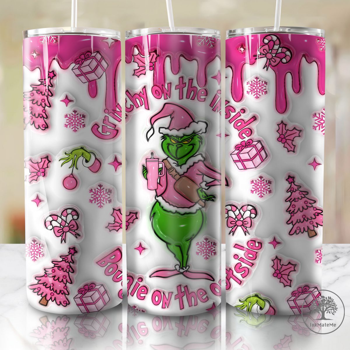 3D Inflated Pink Christmas Tumbler Wrap, Mean Green Guy Christmas 20oz Skinny Tumbler, Pink Xmas Png, Santa Hat, Merry Christmas Tumbler