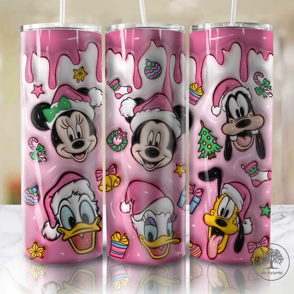 3D Inflated Pink Christmas Tumbler Wrap, Xmas Holiday Png, Mouse And Friends Christmas Inflated Wrap, Christmas 20oz Skinny Tumbler Png