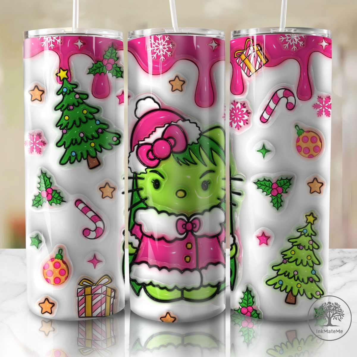 3D Inflated Pink Christmas Tumbler Wrap Png, Cat Png, Christmas Movies Png, Cartoon 20 oz Wrap Tumbler, Christmas Ginger Bread 3D