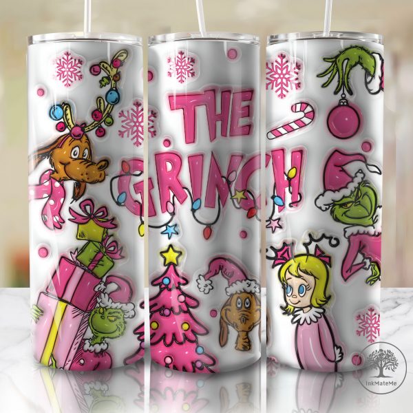 3D Inflated Christmas Movie Tumbler Png, Pink Christmas Puffy Tumbler, Mean Green Guy Christmas 20oz Skinny Tumbler Wrap, Xmas Png,Santa Hat