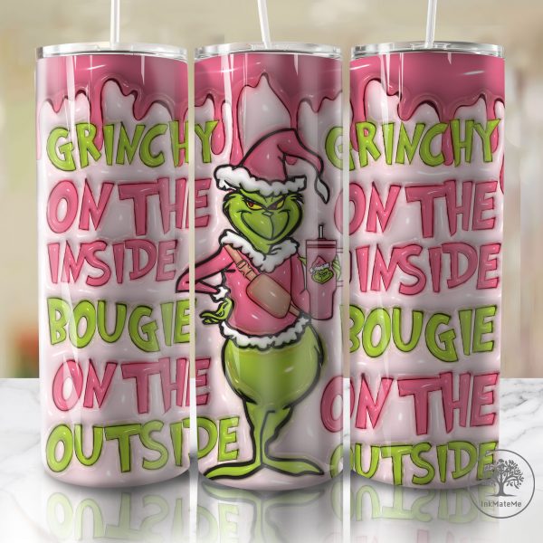 3D Inflated Christmas Tumbler Wrap, Pink Merry Christmas Tumbler Wrap, Mean Green Guy Christmas 20oz Skinny Tumbler, Xmas Png, Santa Hat Png