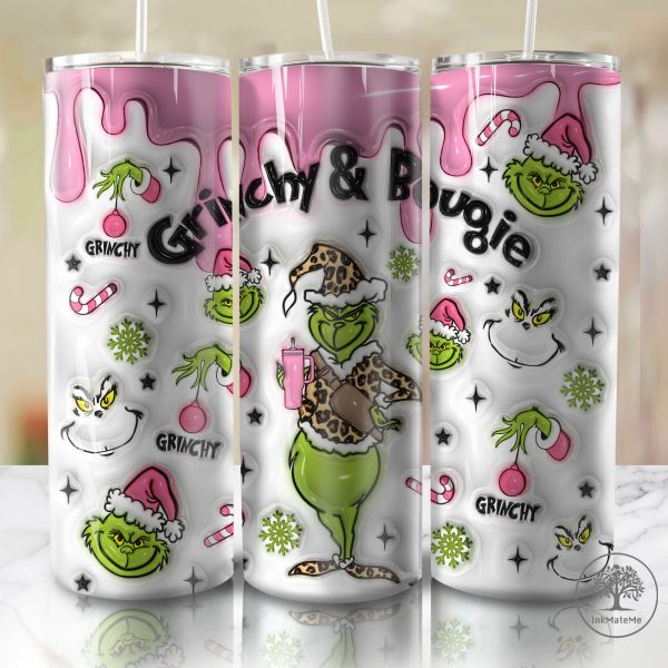 3D Inflated Pink Christmas 20oz Skinny Tumbler Png, Xmas Holiday Png, Leopard Christmas Movies Tumbler Wrap,3D Puffy Cartoon Funny Christmas