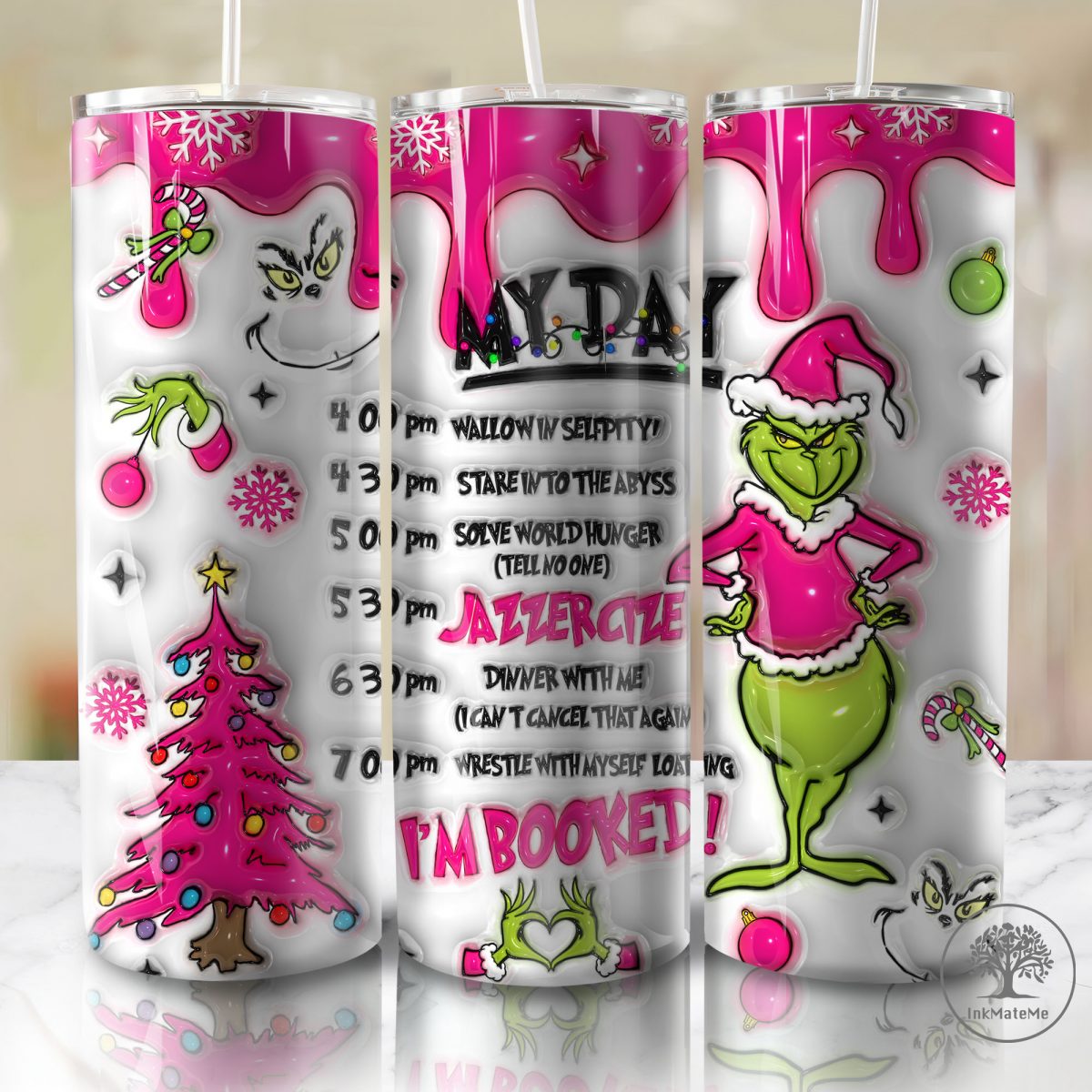 3D Inflated Christmas Tumbler Wrap, Pink Merry Christmas, Mean Green Guy Christmas 20 oz Skinny Tumbler, Christmas Vibes Png, Xmas Holiday