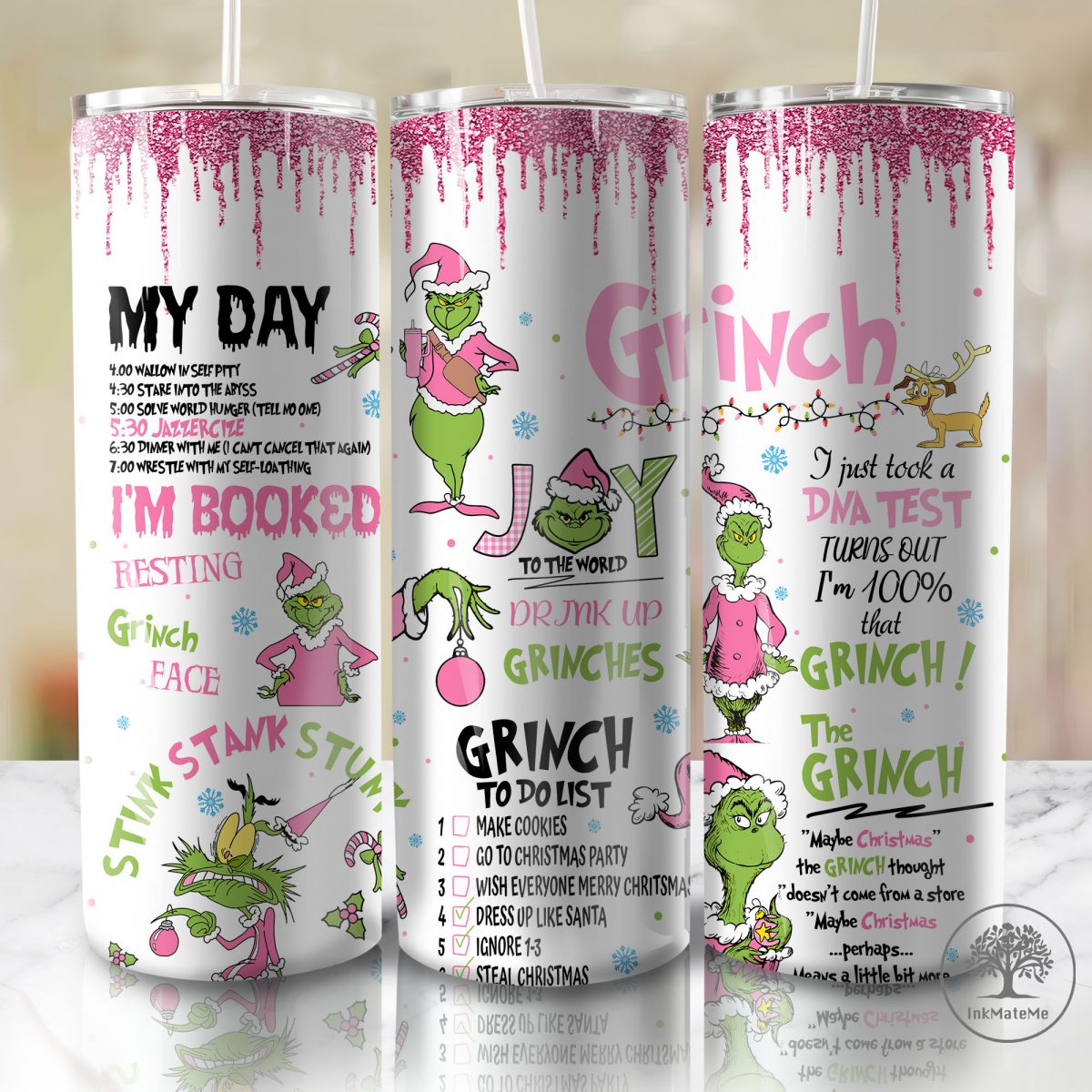 Glitter My Day I'm Booked 20 Oz Skinny Tumbler Png, Pink Xmas Holiday Png,Pink Christmas Movies Png,Santa Hat, Faux Sequin 20oz Tumbler Wrap