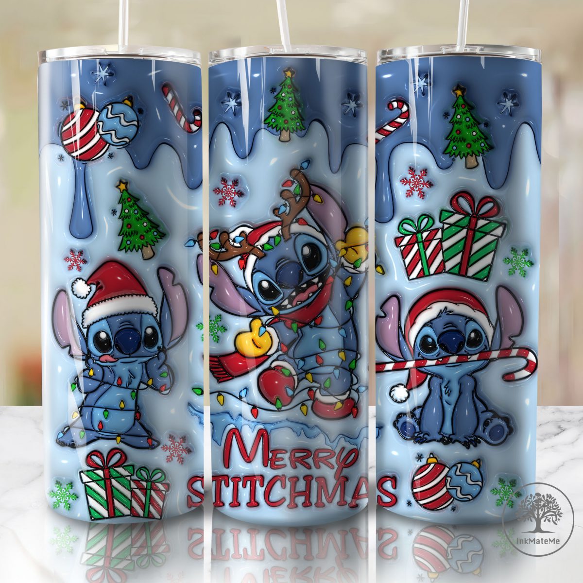 3D Inflated Christmas 20 Oz Skinny Tumbler Png, Christmas Cartoon 20oz Tumbler Wrap, Santa Hat Png, Xmas Holiday, Drip Christmas Sublimation