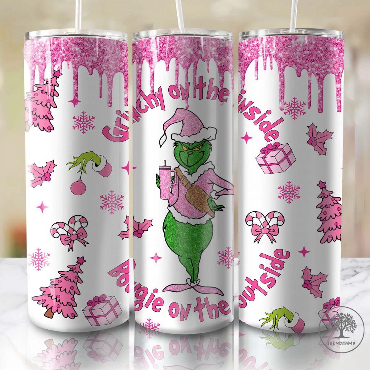 Glitter Pink Christmas 20 Oz Skinny Tumbler Png, Pink Christmas Movies Tumbler, Santa Hat, Xmas Holiday, Faux Sequin 20oz Tumbler Wrap Png