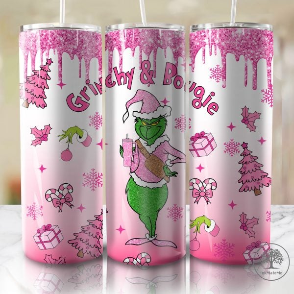 Glitter Pink Christmas 20 Oz Skinny Tumbler Png, Pink Christmas Movies Tumbler, Santa Hat, Xmas Holiday, Faux Sequin 20oz Tumbler Wrap Png