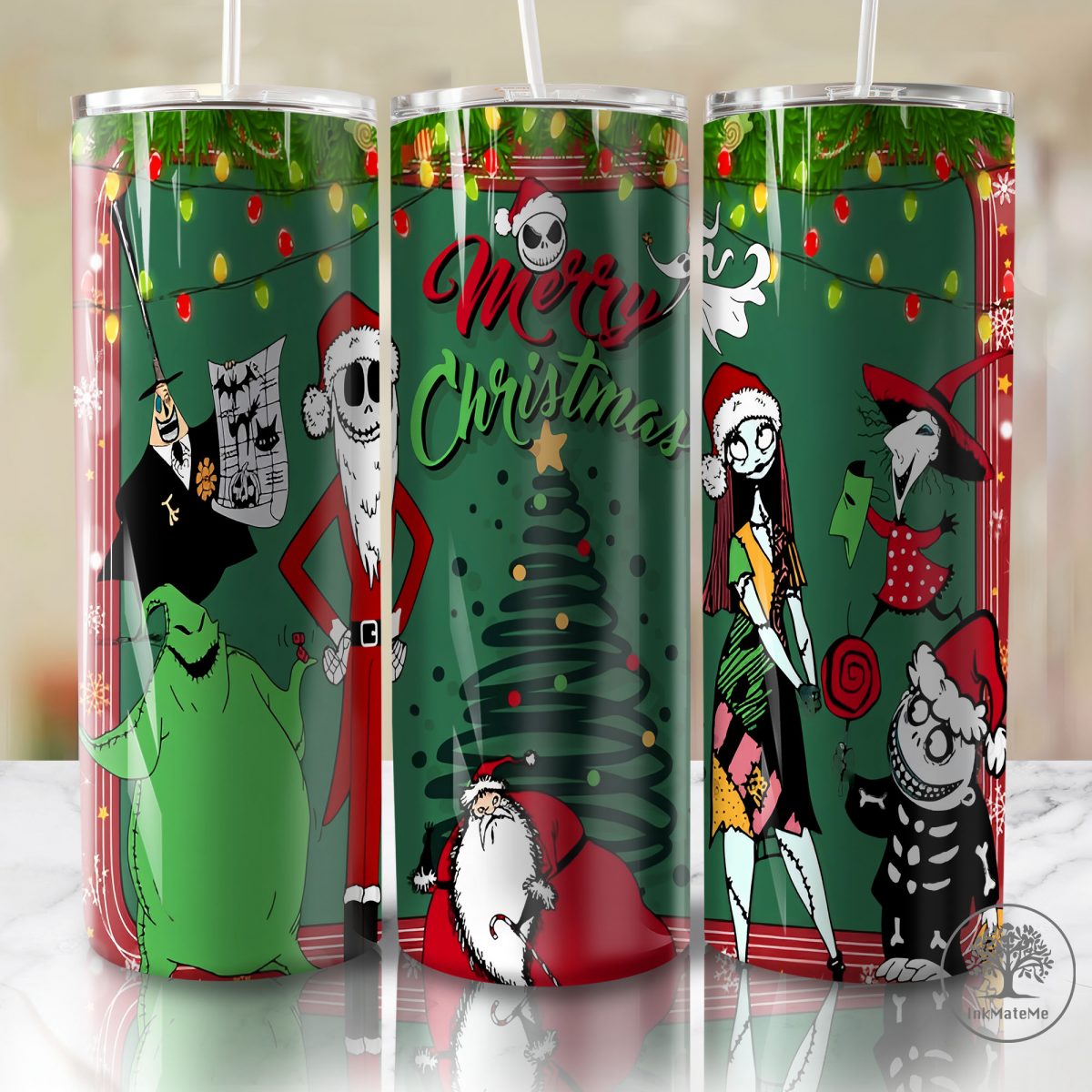 Merry Christmas 20 Oz Skinny Tumbler Png, Horror Movie, Christmas Vibes, Horror Characters Christmas Tumbler Wrap Png, Santa Claus, Xmas Png