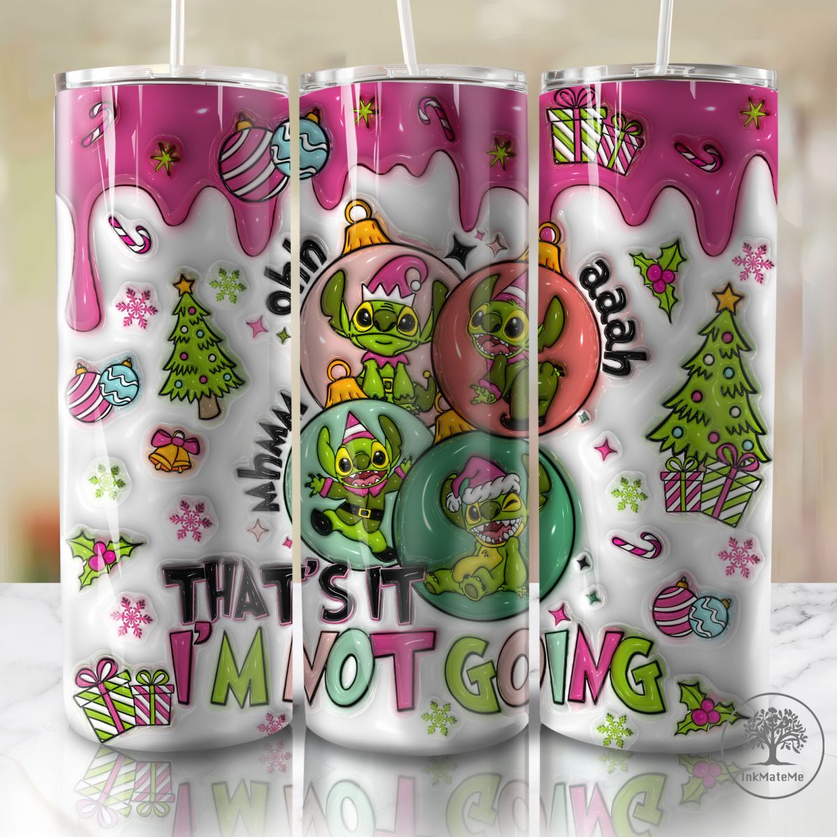 3D Inflated Christmas 20 Oz Skinny Tumbler Png, Santa Hat Png, Pink Xmas Holiday, Drip Christmas, Pink Christmas Cartoon 20oz Tumbler Wrap