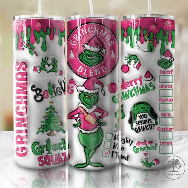 3D Inflated Christmas 20 Oz Skinny Tumbler Png, Pink Xmas Holiday Png, Christmas 20oz Tumbler Wrap, Pink Christmas Movies Png, Coffee Lover