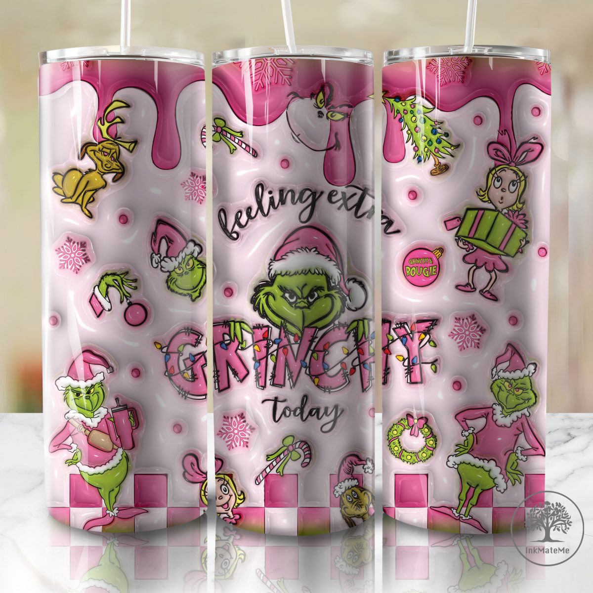 3D Inflated Christmas 20 Oz Skinny Tumbler Png, Pink Xmas Holiday Png, Christmas Movies Png, Santa Hat, Checked Christmas 20oz Tumbler Wrap