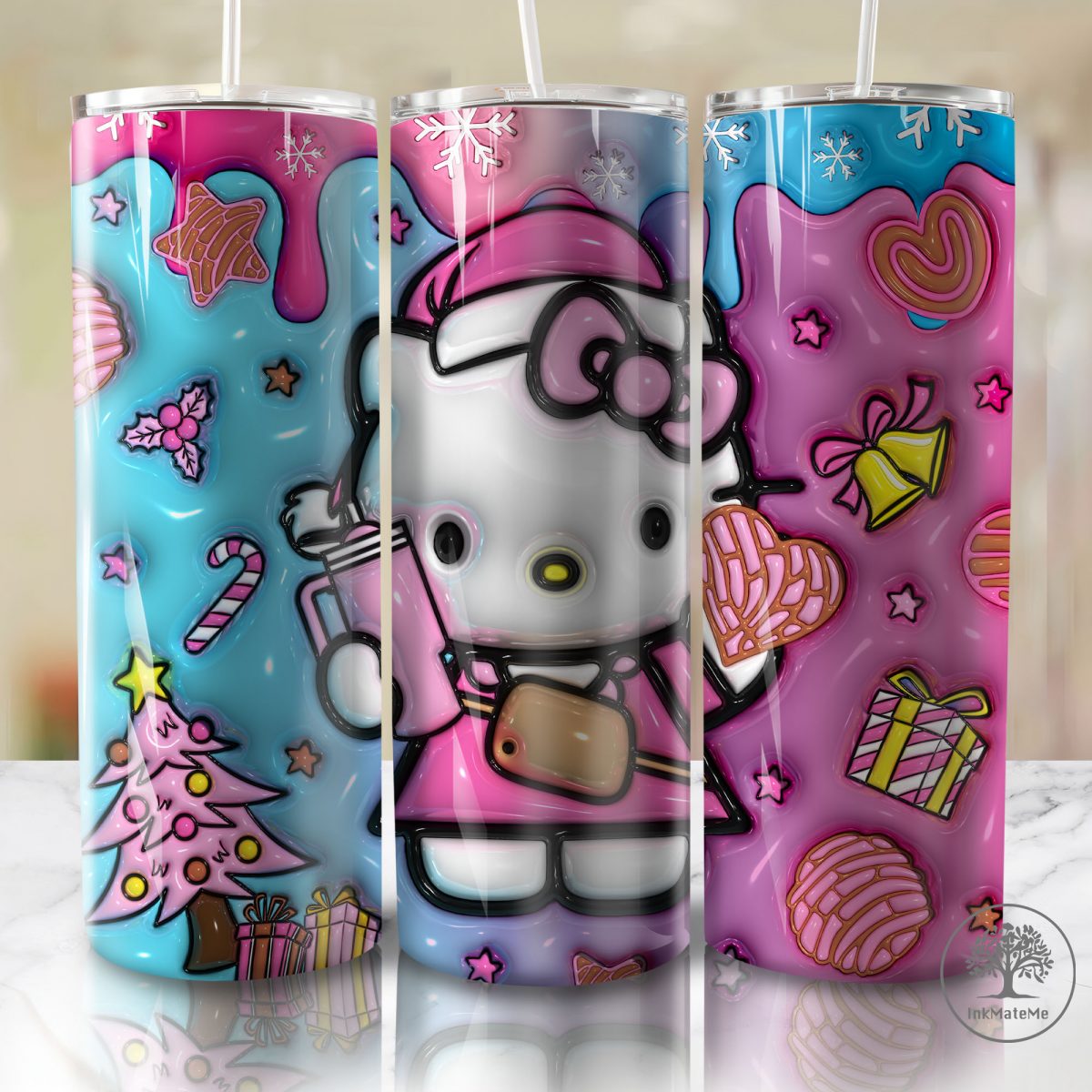 3D Inflated Pink Christmas Tumbler Wrap Png, Cat Png, Christmas Movies Png, Cartoon 20 oz Wrap Tumbler, Christmas Ginger Bread 3D