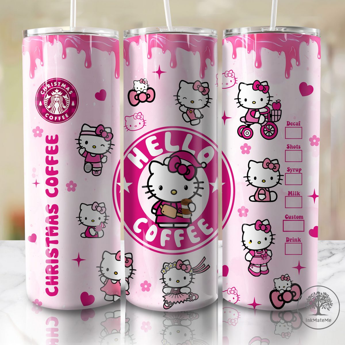 3D Inflated Pink Christmas Tumbler Wrap Png, Cat Png, Christmas Movies Png, Cartoon 20 oz Wrap Tumbler, Christmas Ginger Bread 3D