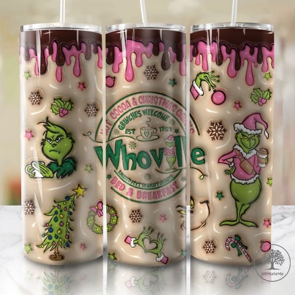 3D Inflated Northpole Hot Chocolate Tumbler Wrap, Christmas Movies Png, Pink Christmas 20oz Skinny Tumbler Png, Pink Xmas Holiday, Santa Hat