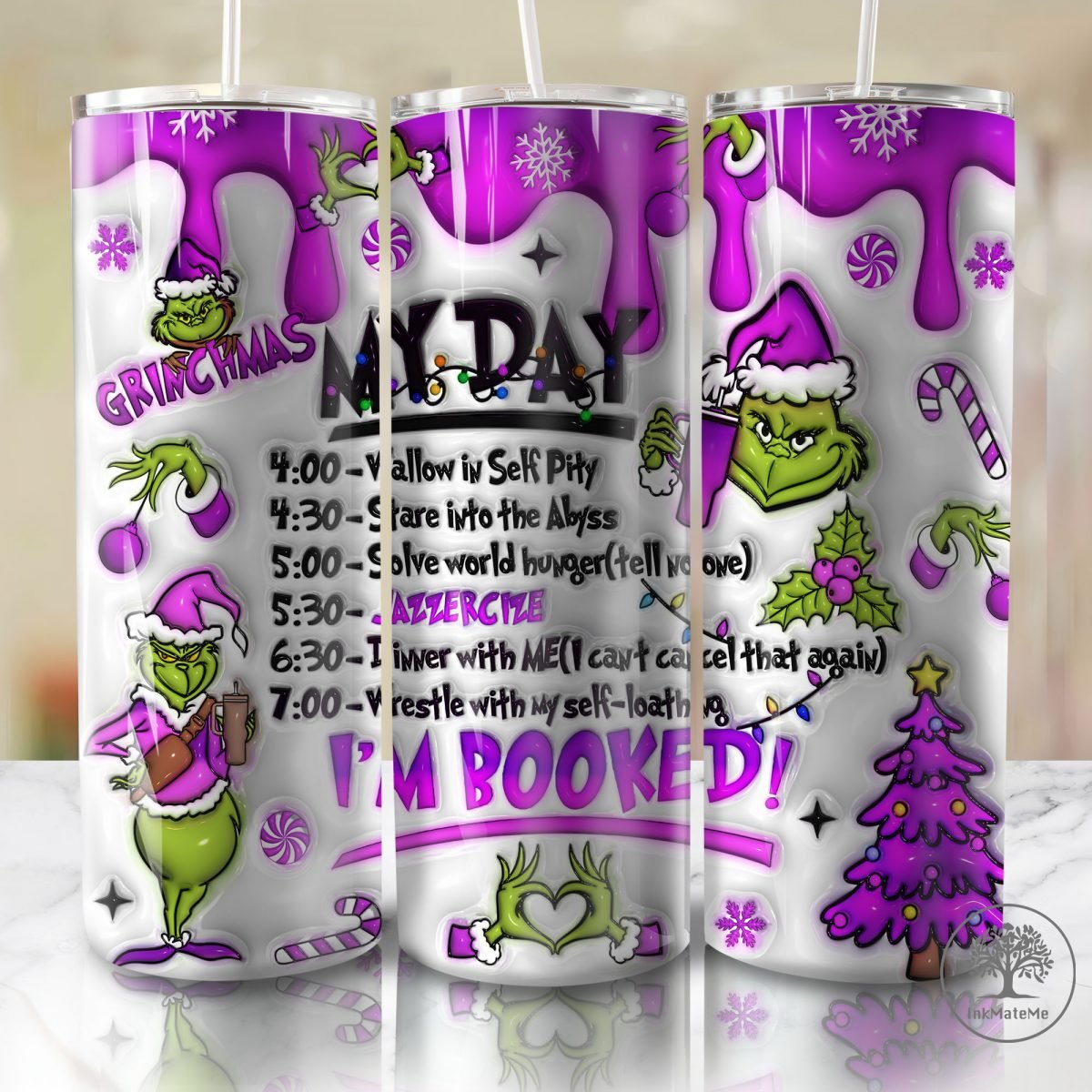 3D Inflated Purple Christmas 20 Oz Skinny Tumbler Png, Santa Claus Png, Christmas 20oz Tumbler Wrap, Christmas Movies, Purple Xmas Holiday