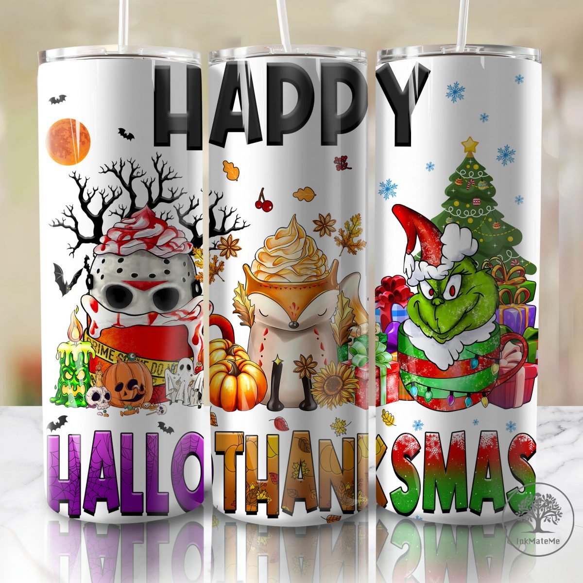 Happy Hallothanksmas 20oz Skinny Tumbler Wrap Png, Horror Christmas Png, Western Png, Funny Christmas Png, University Christmas 20oz Tumbler