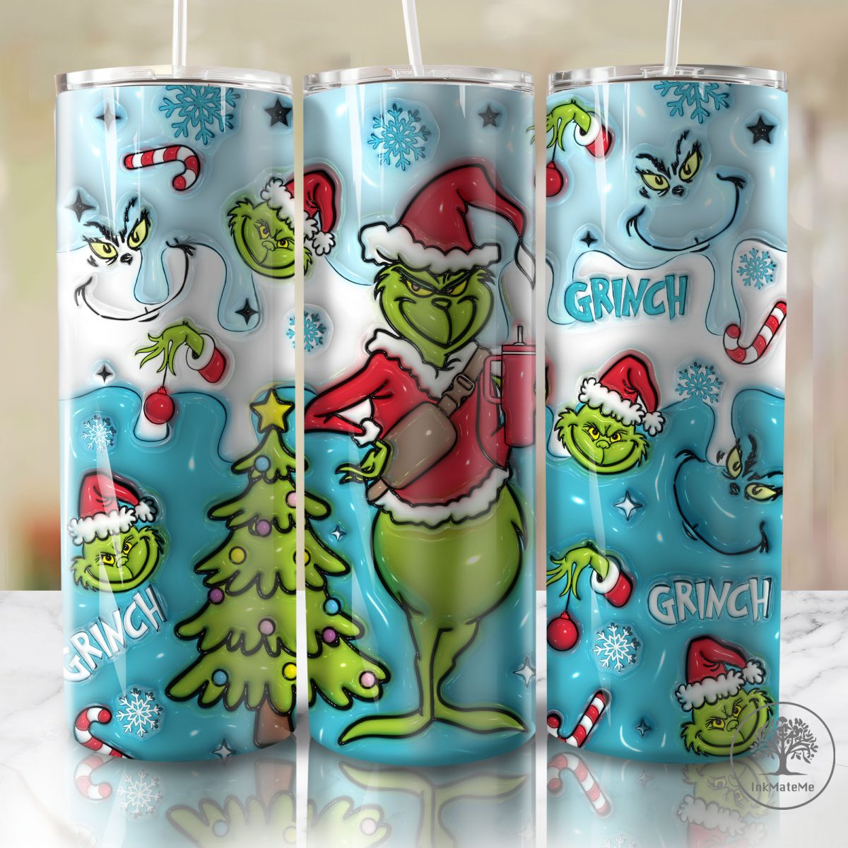 3D Inflated Christmas 20 Oz Skinny Tumbler Png, Blue Christmas Tumbler, Christmas Movies 20oz Tumbler Wrap, Pink Xmas Holiday, Santa Hat Png