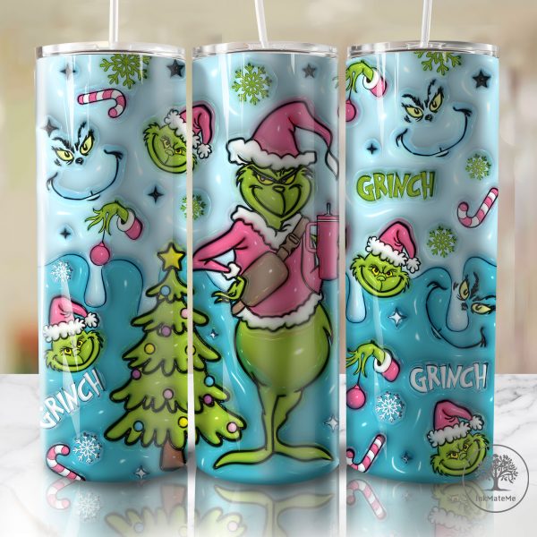 3D Inflated Christmas 20 Oz Skinny Tumbler Png, Blue Christmas Tumbler, Christmas Movies 20oz Tumbler Wrap, Pink Xmas Holiday, Santa Hat Png