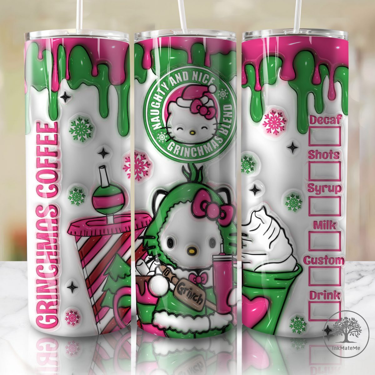 3D Inflated Pink Christmas 20oz Skinny Tumbler, Christmas Movies, Cat Png, Cartoon Xmas Tumbler Wrap, Pink Christmas Coffee 3D Puff Tumbler