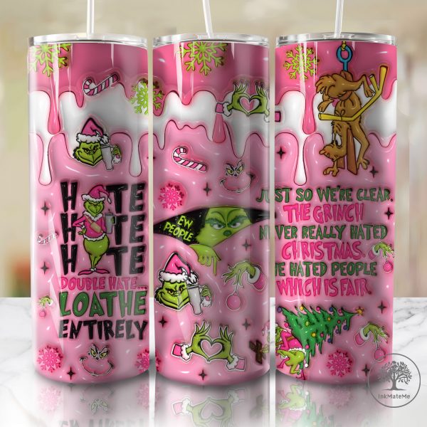 3D Inflated Christmas Tumbler Wrap, Pink Merry Christmas, Mean Green Guy Christmas 20 oz Skinny Tumbler, Christmas Vibes Png, Xmas Holiday