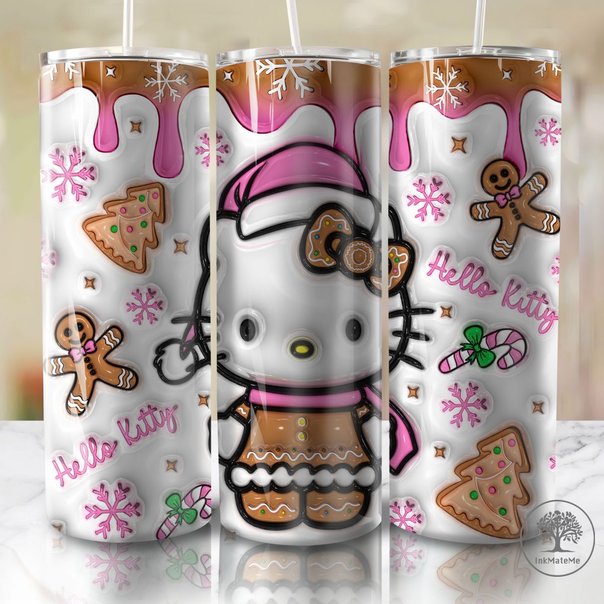 3D Inflated Pink Christmas Mug Wrap Png, Cat Png, Christmas Movies Png, Cartoon 11 oz Mug Wrap Tumbler, Christmas Ginger Bread 3D Puff Mug