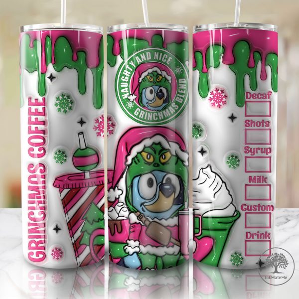 3D Inflated Christmas Coffee 20oz Skinny Tumbler Png, Blue Dog Tumbler Wrap, Christmas Movies, Pink Christmas 20oz Tumbler Wrap, Family Xmas