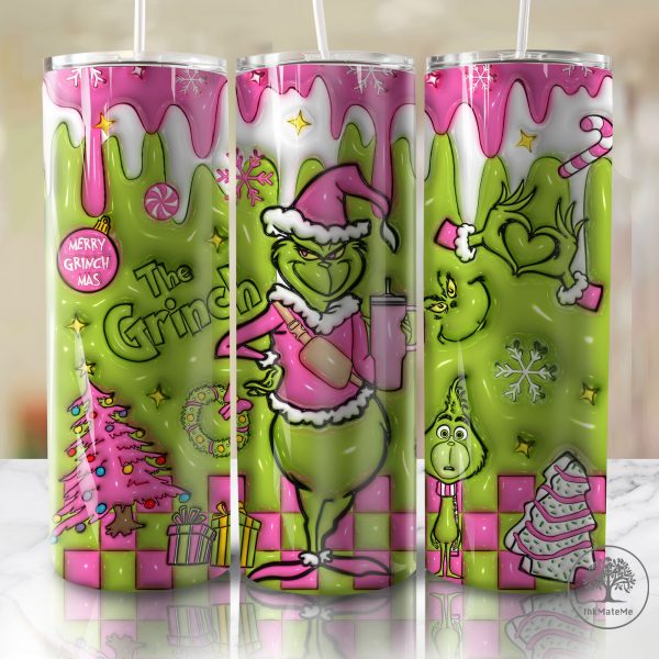 3D Inflated Christmas Movies 20oz Skinny Tumbler Png, 3D Puffy Pink Christmas Tumbler, Xmas Holiday, Santa Hat, Christmas 20oz Tumbler Wrap