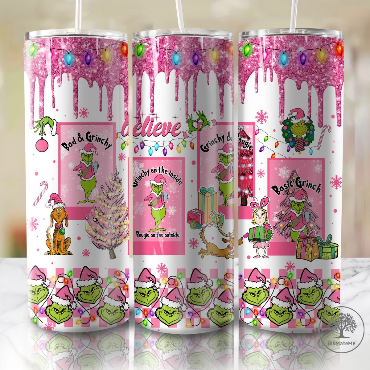 Pink Glitter Christmas 20 oz Skinny Tumbler Png, Christmas Movies Png, Pink Faux Sequin Png, Santa Claus, Pink Christmas 20oz Tumbler Wrap