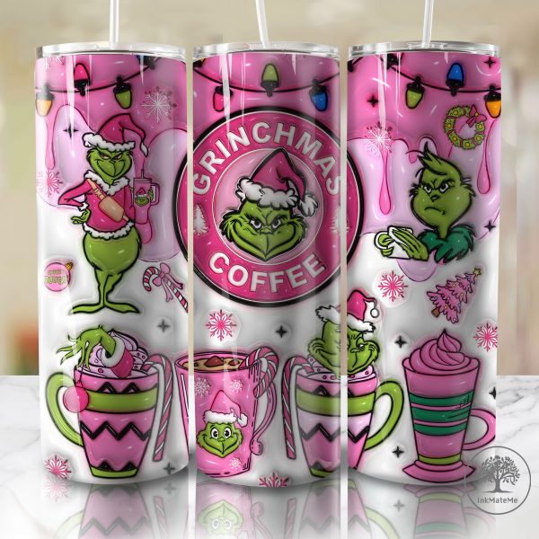 3D Inflated Christmas Coffee Tumbler Wrap Png, Merry Xmas Tumbler, Santa Claus, Pink Christmas 20oz Skinny Tumbler Png, 3D Holiday Tumbler