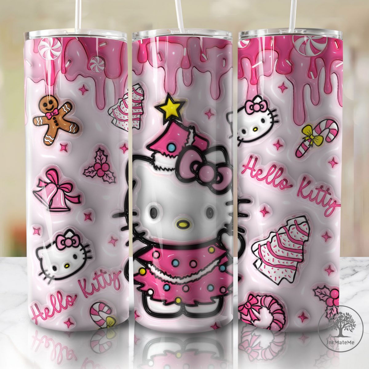 3D Inflated Pink Christmas 20oz Skinny Tumbler Png, Cat Png, Christmas Tree Cake 3D Puff Tumbler, Cartoon 20 oz Tumbler,Christmas Movies Png