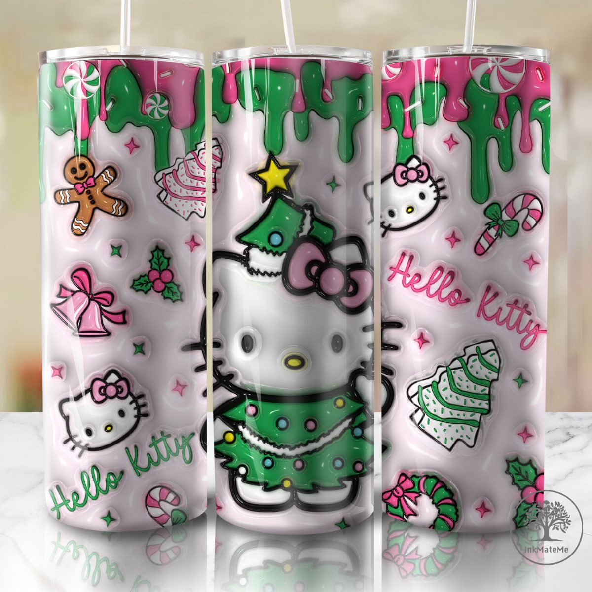 3D Inflated Pink Christmas 20oz Skinny Tumbler Png, Cat Png, Christmas Tree Cake 3D Puff Tumbler, Cartoon 20 oz Tumbler,Christmas Movies Png