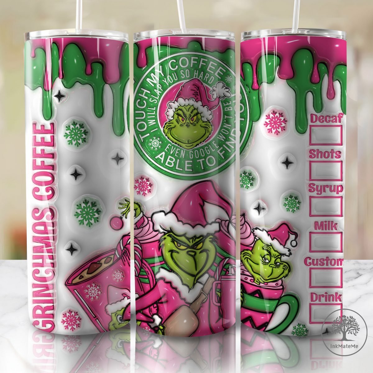 3D Inflated Christmas 20 Oz Skinny Tumbler Png, Pink Xmas Holiday Png, Christmas 20oz Tumbler Wrap, Pink Christmas Movies Png, Coffee Lover